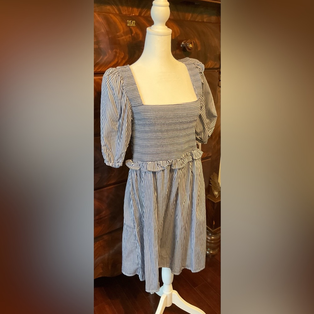 Nation LTD Striped, Smocked Puff Sleeve Dress - navy and white - NWT- size M